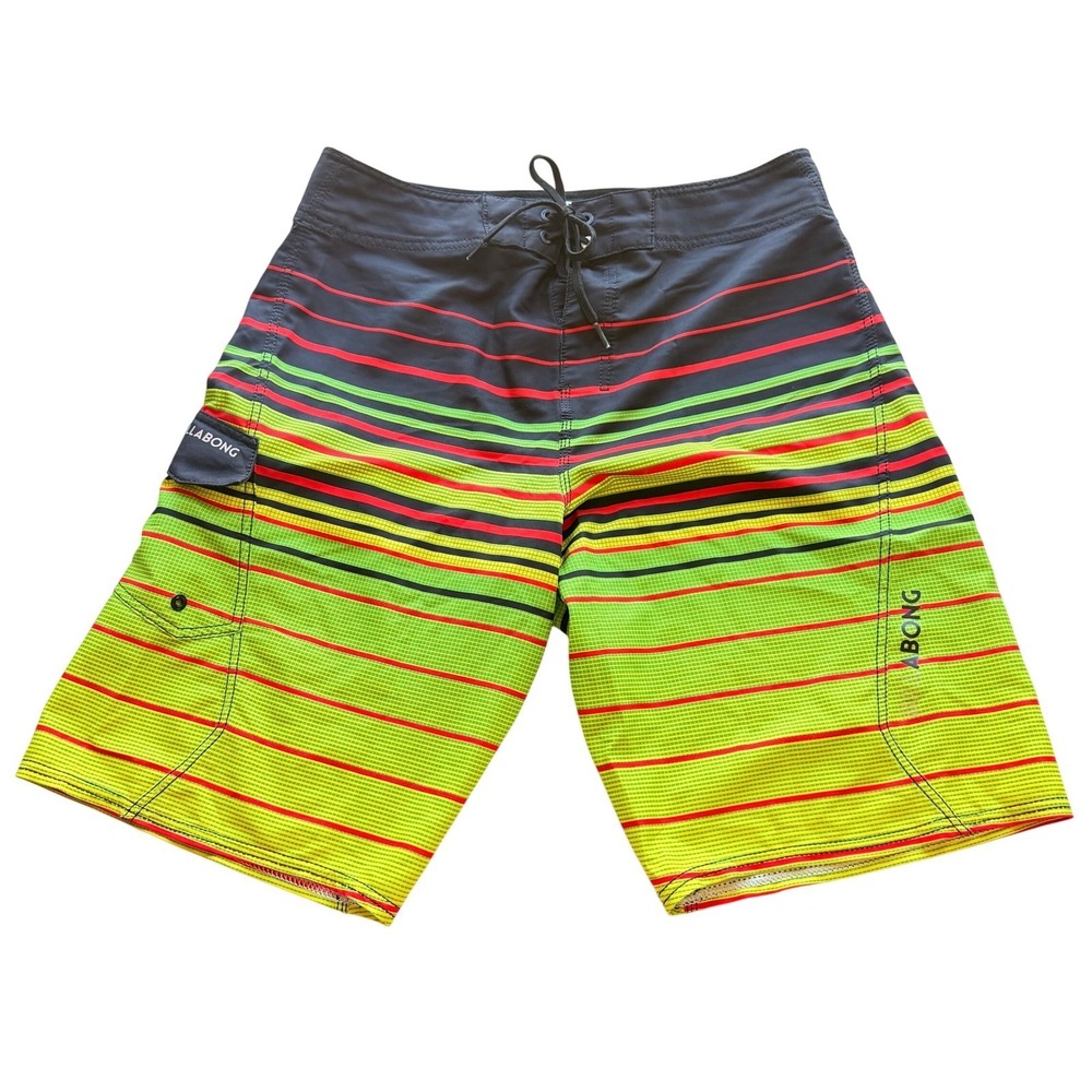 Vintage 90s‎ Billabong Mens Board Shorts 33 Black Neon Green Surf Swim